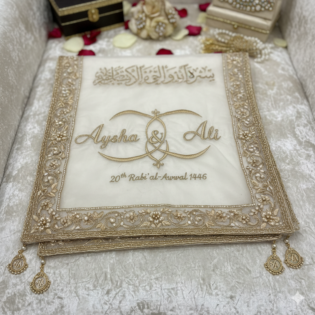 Personalized Bridal Nikkah Dupatta with Custom Name & Date Embroidery