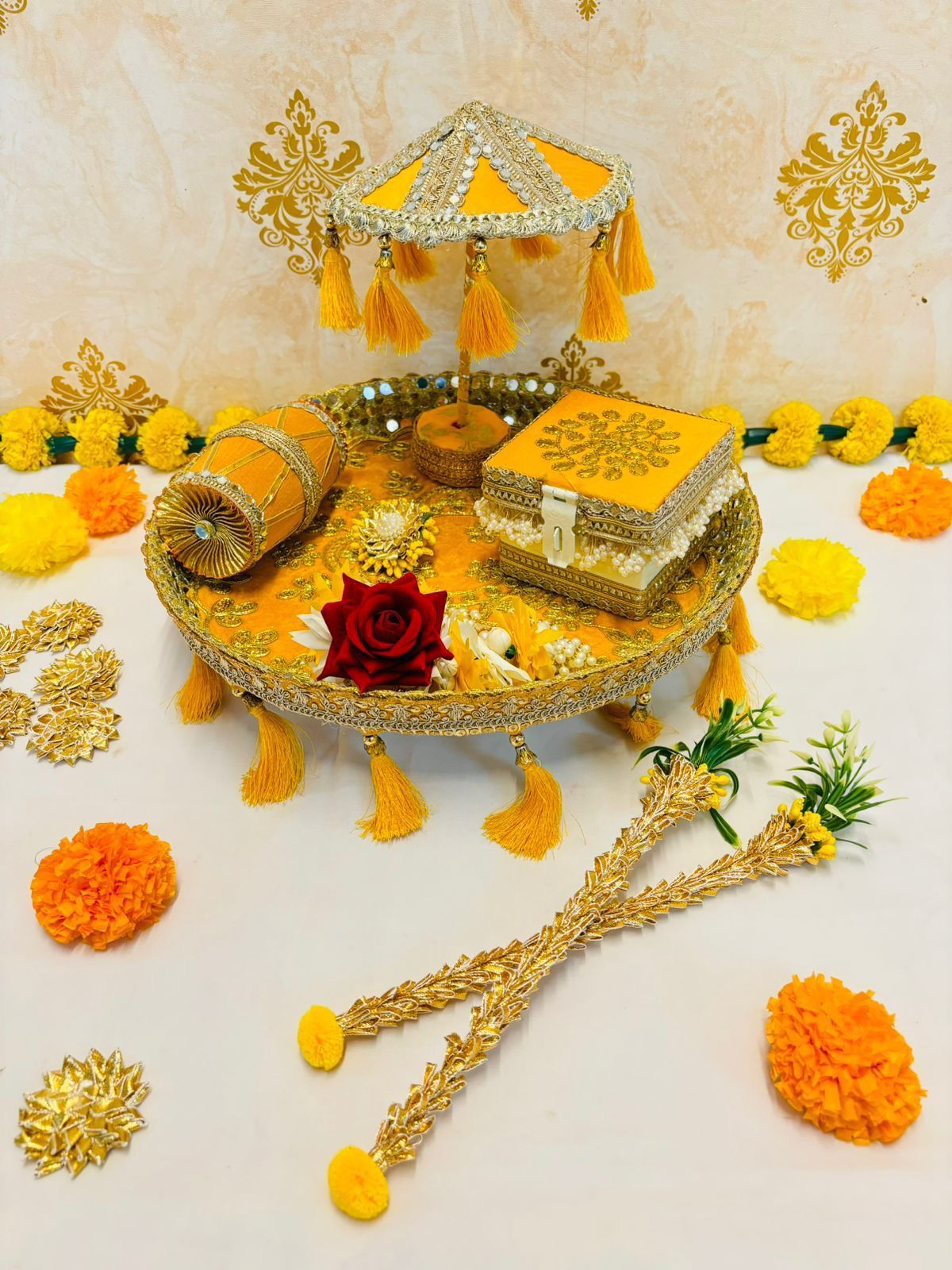 Yellow Mayoun Haldi Thaal Set | Decorative Wedding Tray with Umbrella